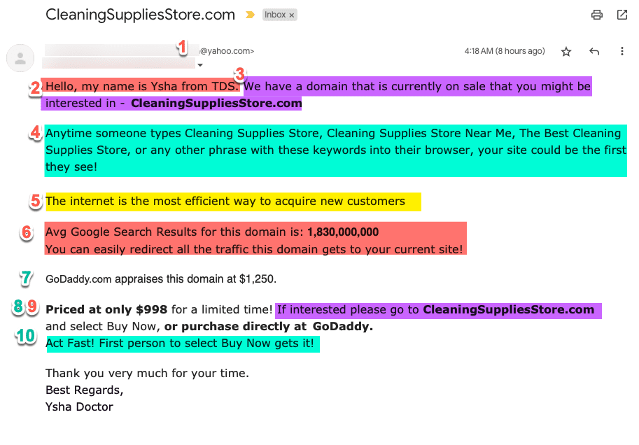 10 Quick Hitter Comments on this Domain Sales Email